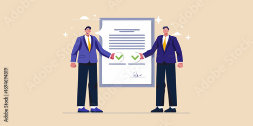 Two businessmen in suits standing next to a document with two green checkmarks and a signature approving the agreement