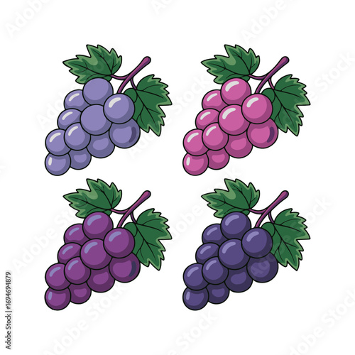 Cartoon Grapes: Four Colorful Bunches, Fresh and Juicy Fruit Illustration, Vector Graphic Design