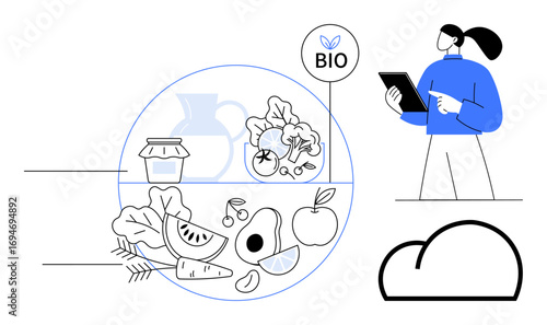 Woman using tablet near organic fruits, vegetables, and bio label. Ideal for sustainability, healthy eating, organic farming, digital technology, eco-commerce, data management simple landing page