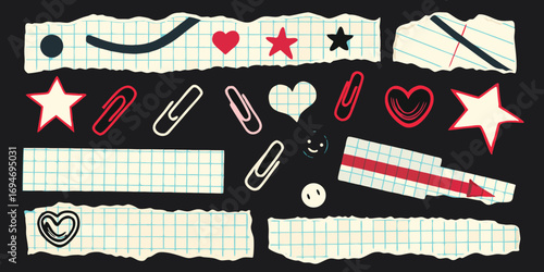 Collection of torn notebook paper scraps with hand drawn doodles and office supplies on a black background