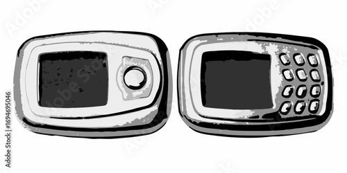 Two retro mobile phones side by side with screens and keypads in a graphic illustration style
