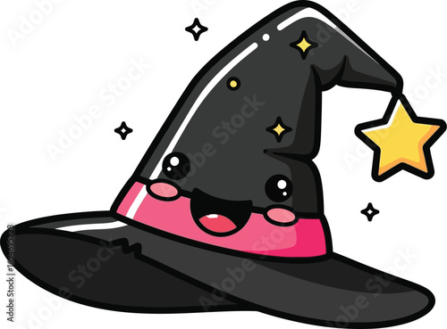 Cute witch hat with happy face and star sparkles
