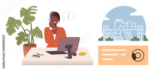 Customer service agent wearing a headset, providing assistance at desk with a computer and question icon. Ideal for customer service, support, retail, communication, information, help centers