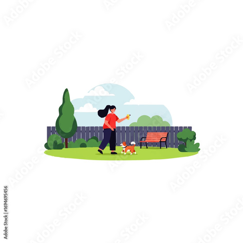 Joyful woman plays fetch with happy dog in a sunny park, creating cherished memories together