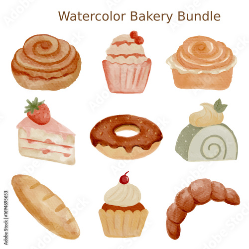 set of cakes and desserts in watercolor style