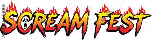 Scream Fest Horror Event Logo with Flaming Flames, Spooky Design