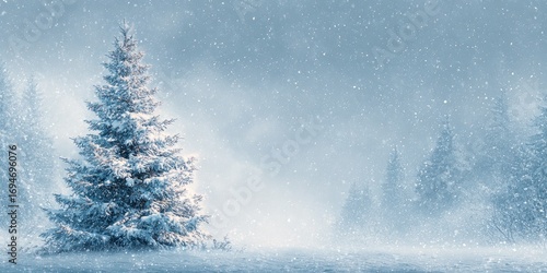 Snowy winter landscape with a majestic Christmas tree