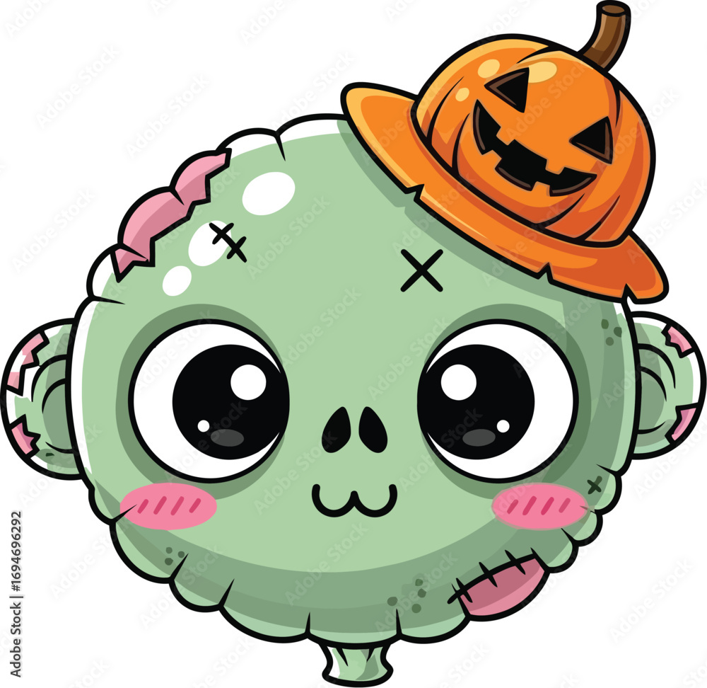 Fototapeta premium Cute Zombie with Pumpkin Hat Ready for Halloween Fun and Festivities