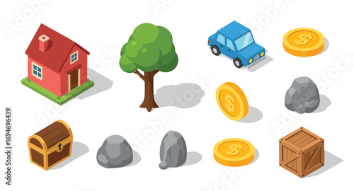 Isometric game assets vector collection flat design elements house tree car coin rocks chest crate colorful modern cartoon digital isolated illustration