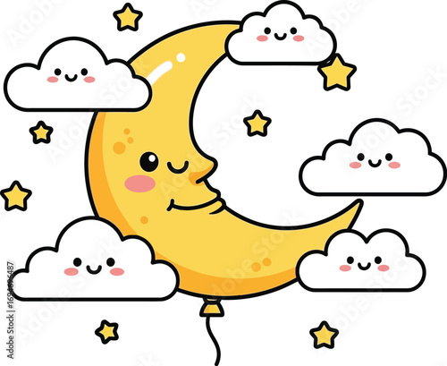 Cute smiling moon and clouds with stars for children's nursery designs