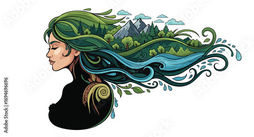 Beautiful woman profile hair flowing as nature landscape scene environment ecology earth goddess conservation