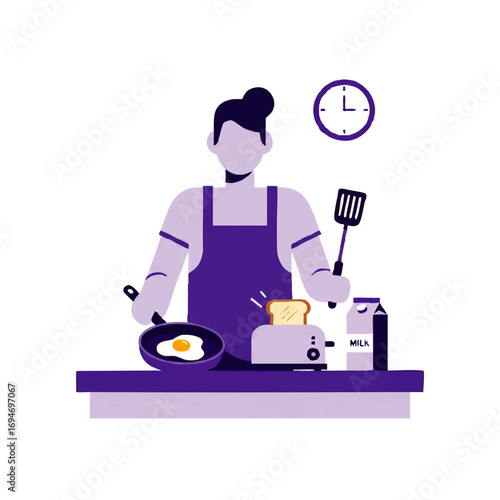 Person making breakfast with fried egg toast and milk, modern flat illustration style