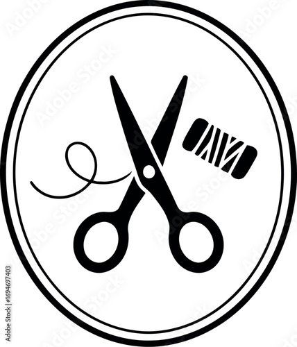 Vintage scissors cut thread emblem crafting sewing design element handmade textile art icon isolated vector