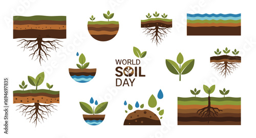 Flat design World Soil Day plant roots soil layers water drops earth environment growth ecology agriculture vector