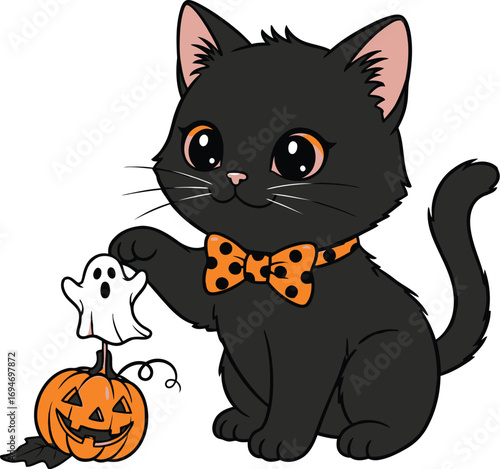 Cute Halloween black cat with pumpkin and ghost, festive illustration