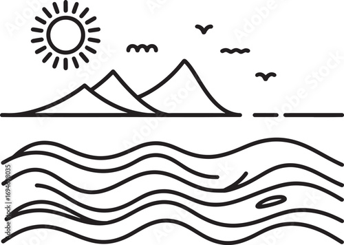 Minimalist Landscape of Mountains and Sea Waves with Flying Birds Under the Sun for Wall Art and Decor