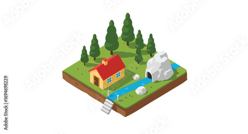 Charming isometric house forest river cave scene vector game asset world environment map building steps