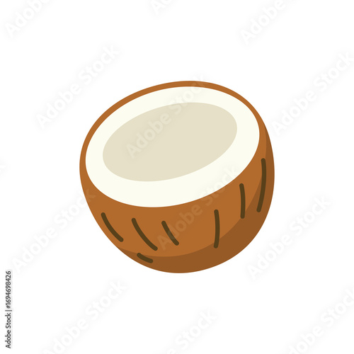 Flat style illustration of a halved coconut Minimalistic design tropical fruit concept isolated on white background