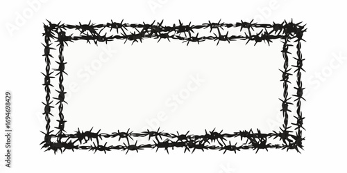 Rectangular frame made of sharp barbed wire on a white background