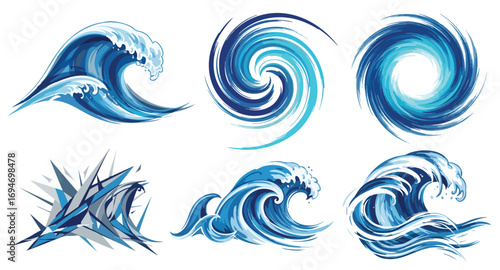 Dynamic blue ocean wave vector illustrations and abstract spirals Water Aqua Splash Surf Tide Sea Storm