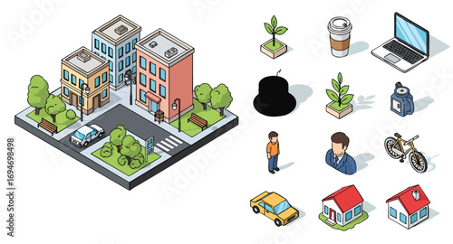 Isometric city landscape elements buildings people objects vector set urban car house laptop bike home