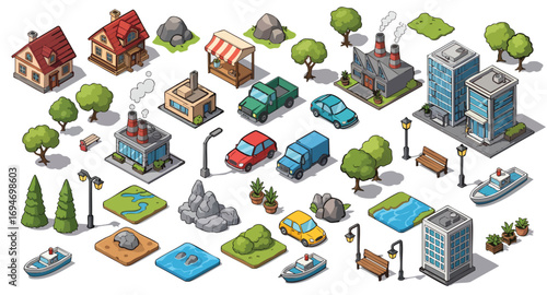 Vector isometric assets urban town map landscape design kit building house car factory tree boat shop office