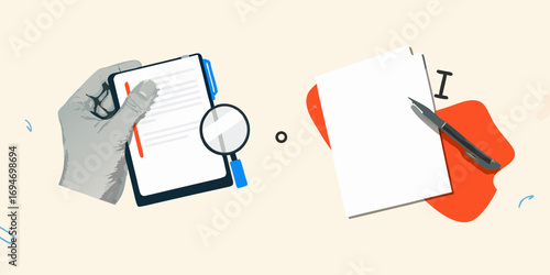 Illustration of a hand holding a document with a magnifying glass next to blank paper and a pen