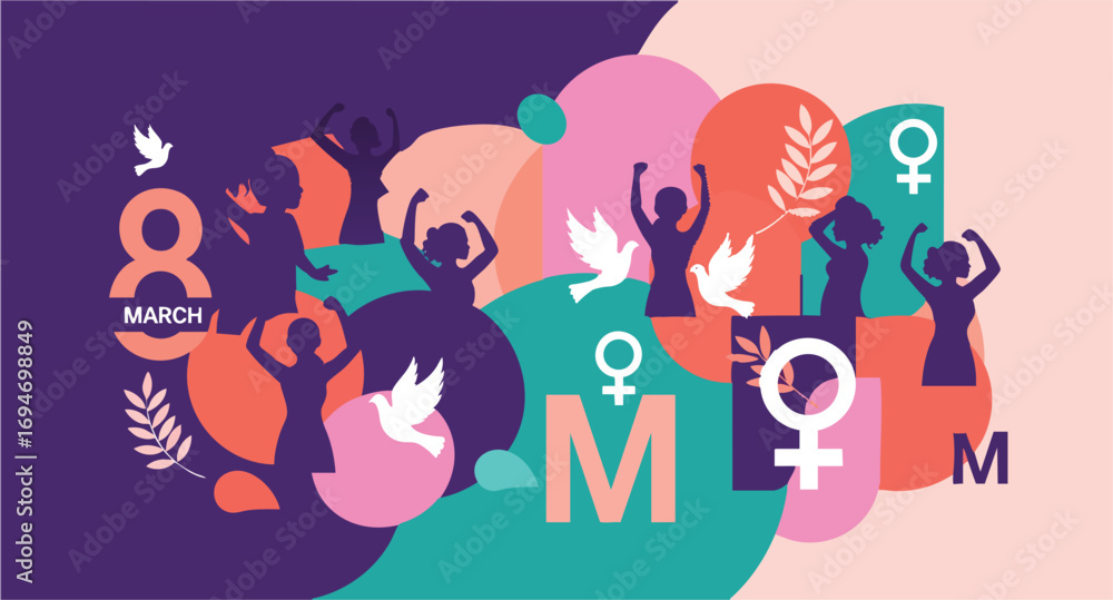 Naklejka premium International Women's Day celebrating female empowerment and solidarity women power feminism march doves abstract vector