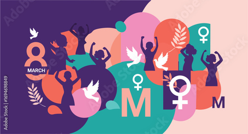 International Women's Day celebrating female empowerment and solidarity women power feminism march doves abstract vector