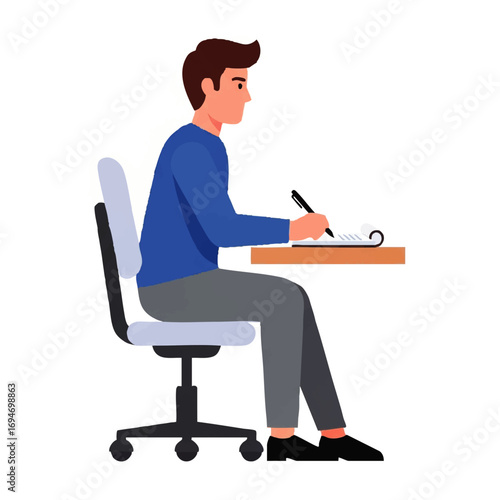 Man writing on paper at desk, perfect for illustrating business, education, and work concepts