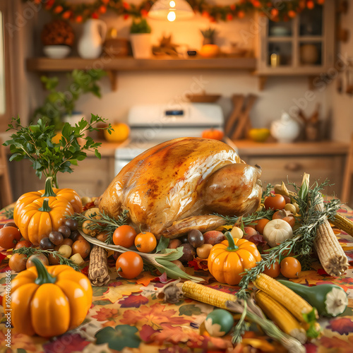 Mesa de Cosecha Otoñal con Pavo Tradicional Asado