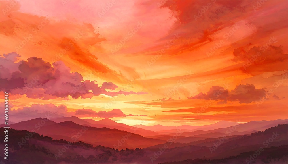 Obraz premium Majestic mountain range silhouetted against a vibrant and colorful sunset sky
