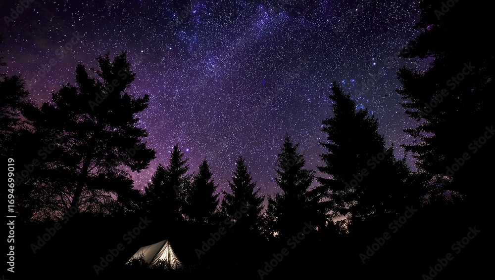 Naklejka premium Night sky above a forest with a tent