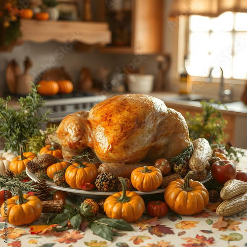 Cena Festiva de Otoño con Mesa Decorada y Pavo Dorado
