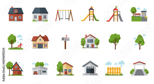 Charming neighborhood elements with houses and playgrounds in flat design style