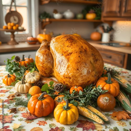 Banquete de Acción de Gracias con Pavo Asado y Vegetales de Otoño