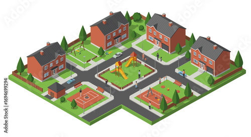 Charming residential neighborhood isometric design with park and playground