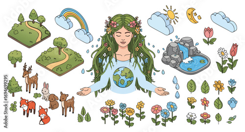 mother nature Vibrant cartoon Mother Earth and diverse nature elements pack Earthday Environment Ecology Spring Landscape Animals Flowers Trees Weather Rainbow