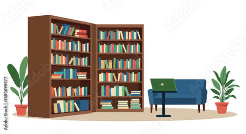Cozy home library with bookshelves and laptop workspace