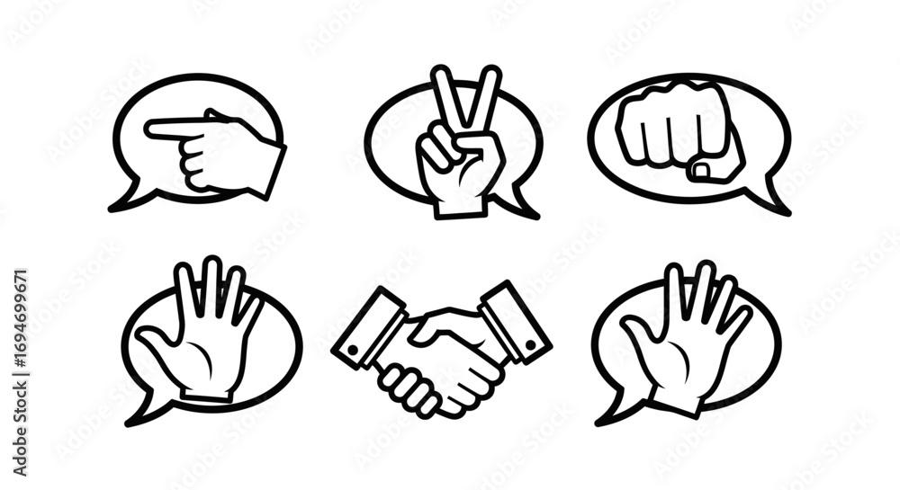 Fototapeta premium Hand gestures and communication signs concept depicted through a set of black and white line art icons inside speech bubbles
