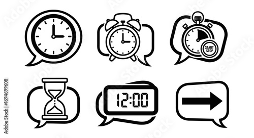 Time Management Icons Clock, Alarm, Hourglass, Timer Symbols in Speech Bubbles