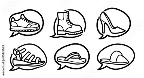 An illustrated collection of diverse footwear icons, from boots to slippers, for various needs and occasions, presented in speech bubbles