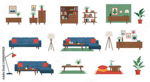 Mid-century modern living room sets with cozy furniture and decor elements