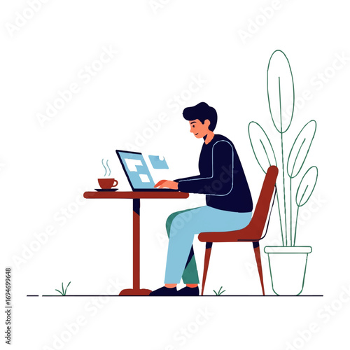 Young professional working on laptop at cafe, sipping coffee, achieving success, modern design