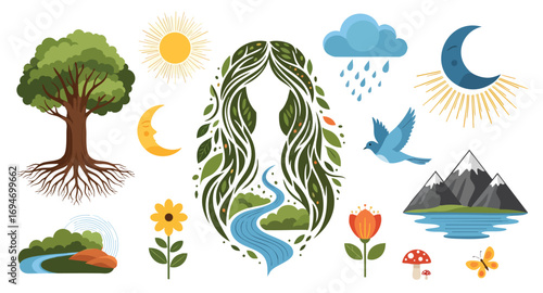 mother nature Abstract Mother Earth natural elements collection vector illustration ecology environment planet conservation symbols flat cartoon graphic tree sun moon bird butterfly flower
