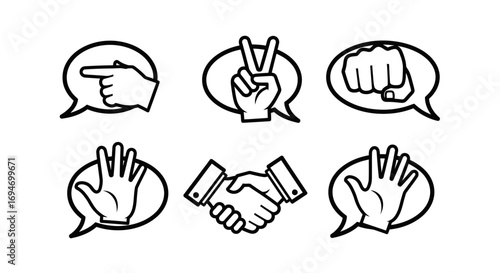 Hand gestures and communication signs concept depicted through a set of black and white line art icons inside speech bubbles