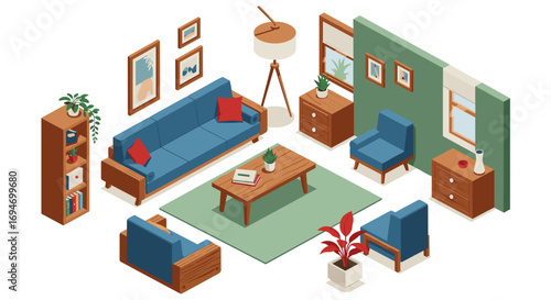 Cozy living room design with modern isometric furniture and decor elements