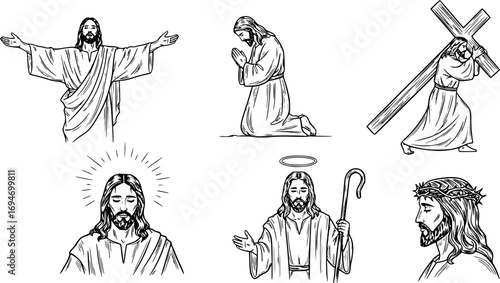 Set of Jesus Christ silhouette vector collection, religious cross, faith and Christian symbols illustration