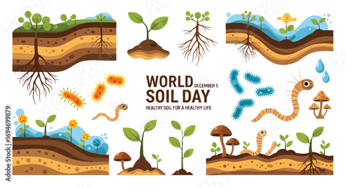 World Soil Day healthy ecosystem illustration earth layers plants roots microbes worms fungi agriculture biology environment ecology life ground