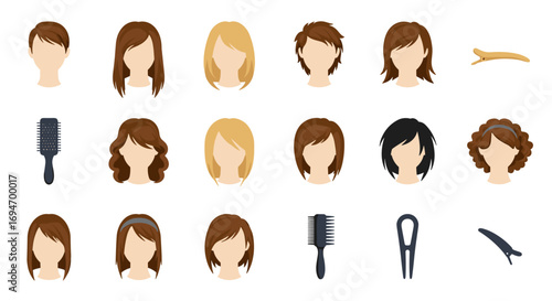Diverse hairstyles and hair tools collection with flat design elements